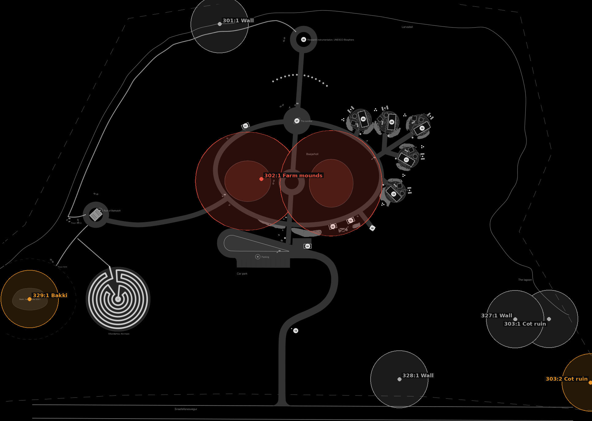 Master plan of The Outpost with the seven registered heritage sites and their 15 m protected zones