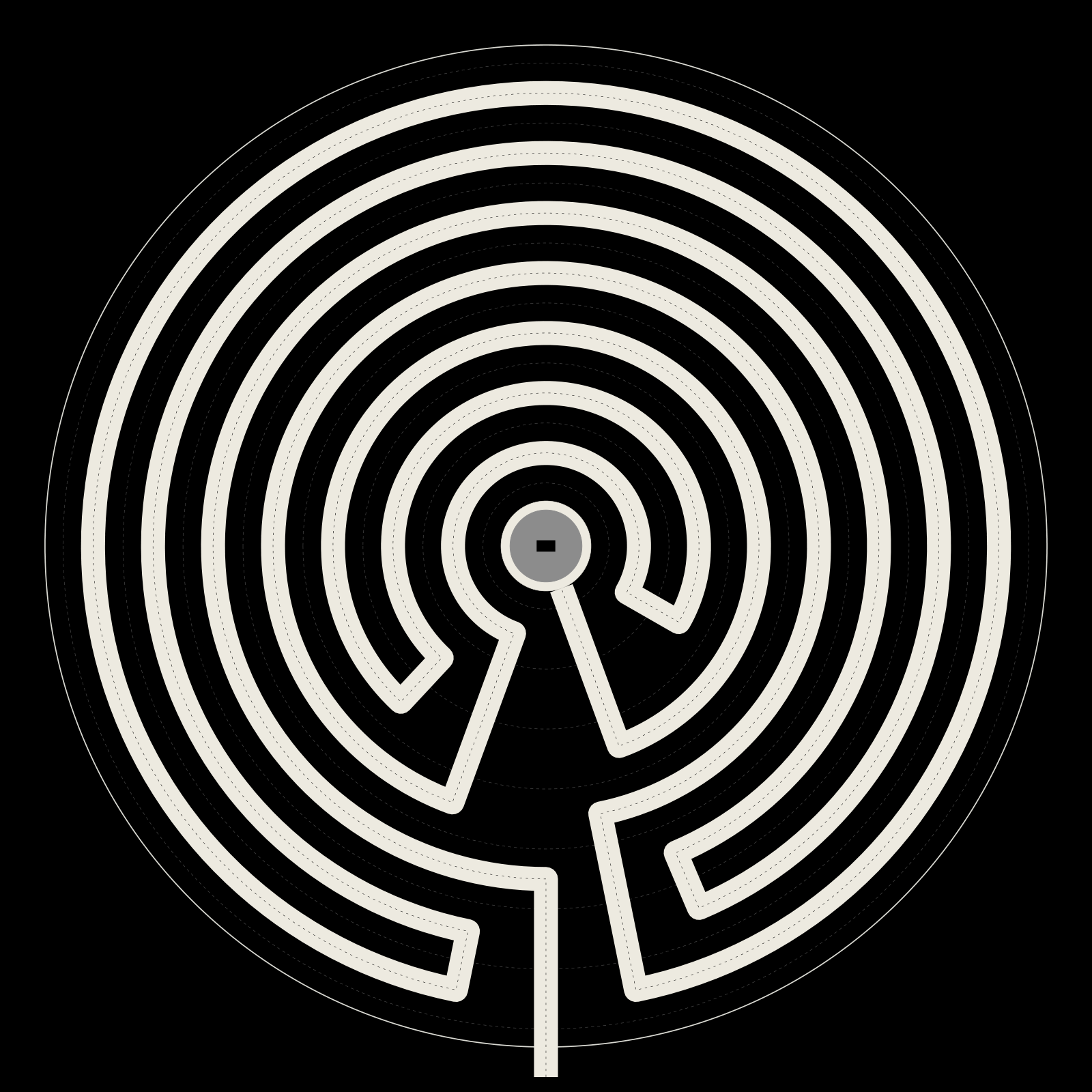Plan of the Völundarhús maze: seven rings of earth banks with the standing stone at the centre