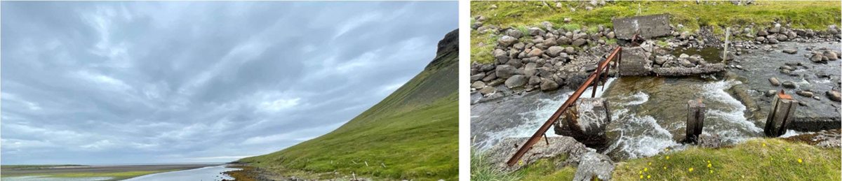 Where the inner lagoon spills into the outer lagoon at neap tide and low water; the concrete, timber and rusted iron are the old salmon traps from the sea-ranching years 1965 to 2004. The left view looks out to sea and the lower right view looks inland.