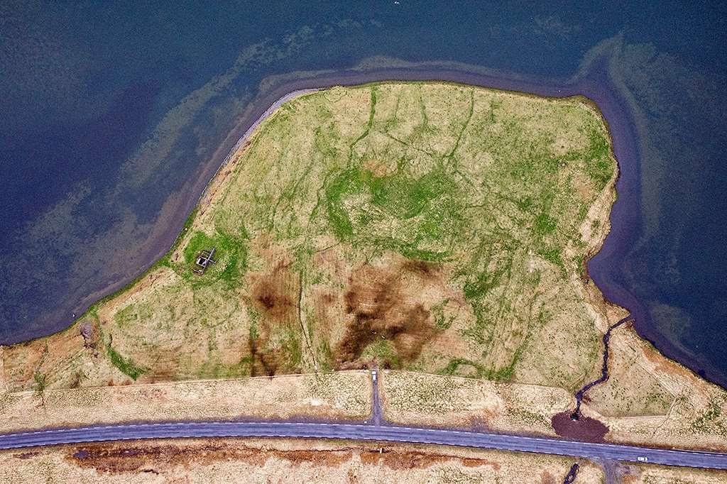 The study area on the point from above: the greenest growth is on the old farmstead sites, the brown patch north of the gate is wet ground dominated by thread rush, and the road shoulder runs out to the fence.